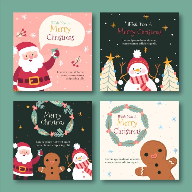 Collezione di post di instagram di natale piatto disegnato a mano