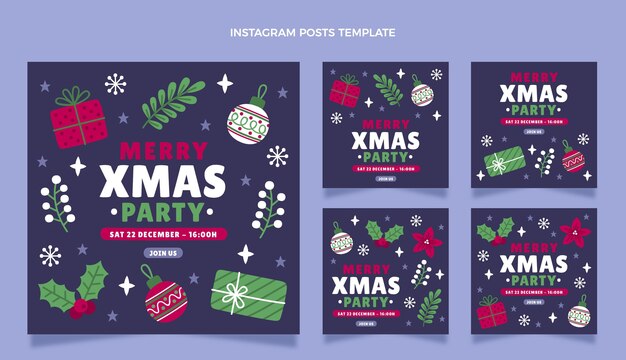 Collezione di post di instagram di natale piatto disegnato a mano