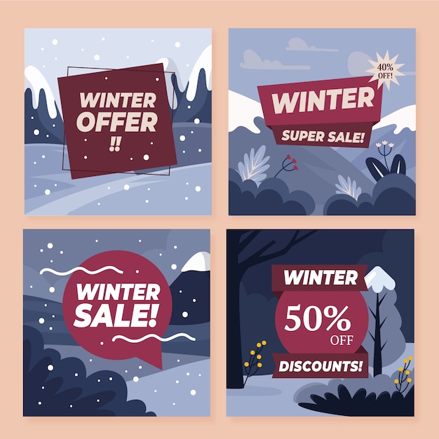Collezione di post di instagram di vendita invernale piatta disegnata a mano