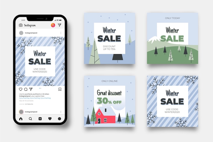 Vettore gratuito collezione di post di instagram di vendita invernale