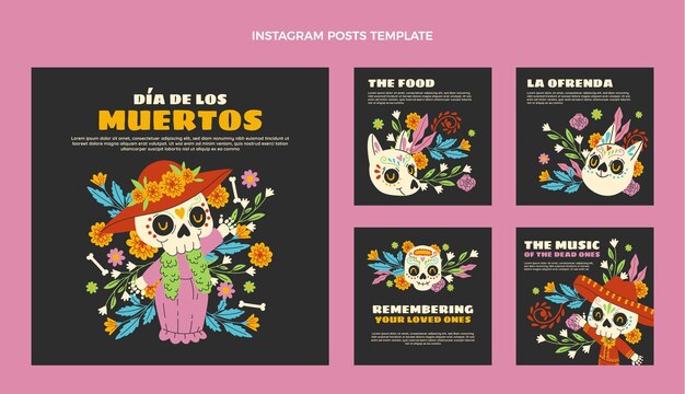 Collezione di post di instagram dia de muertos disegnata a mano