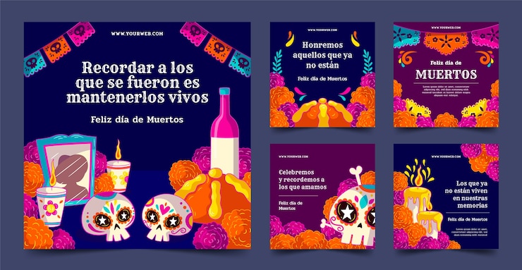 Vettore gratuito collezione di post di instagram dia de muertos disegnata a mano
