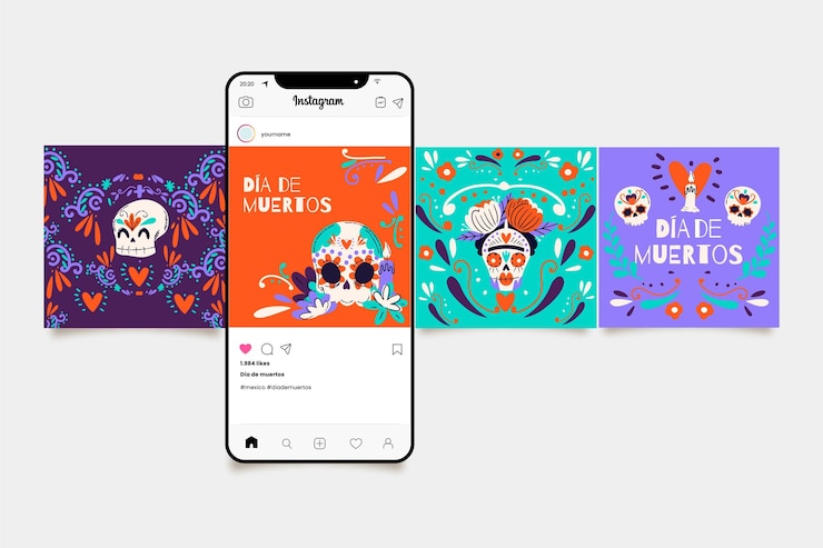 Vettore gratuito collezione di post di instagram dia de muertos piatta disegnata a mano
