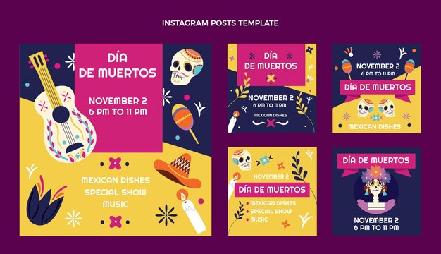 Collezione di post di instagram dia de muertos piatta disegnata a mano