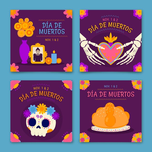 Collezione di post di instagram dia de muertos piatta disegnata a mano
