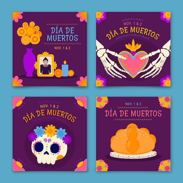 Collezione di post di instagram dia de muertos piatta disegnata a mano