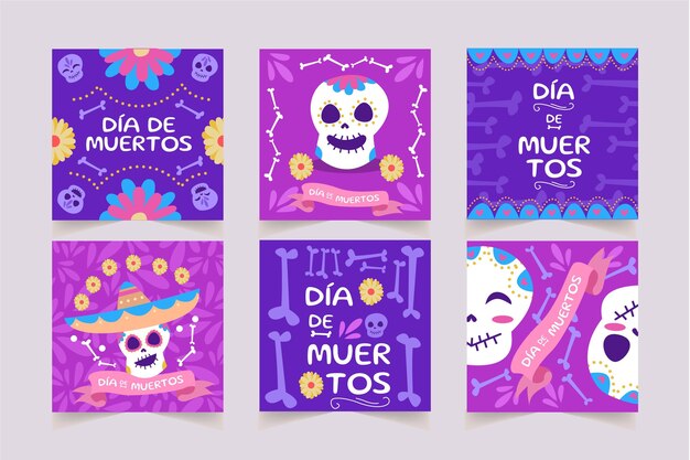 Collezione di post di instagram dia de muertos piatta disegnata a mano
