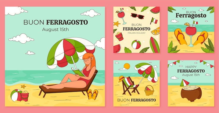 Vettore gratuito collezione di post di instagram disegnati a mano per la celebrazione del ferragosto