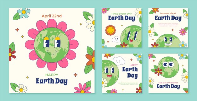 Collezione di post di instagram disegnati a mano per la celebrazione della giornata della terra