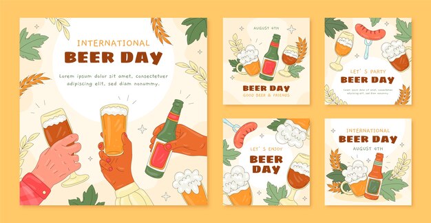 Collezione di post di instagram disegnati a mano per la celebrazione della giornata internazionale della birra