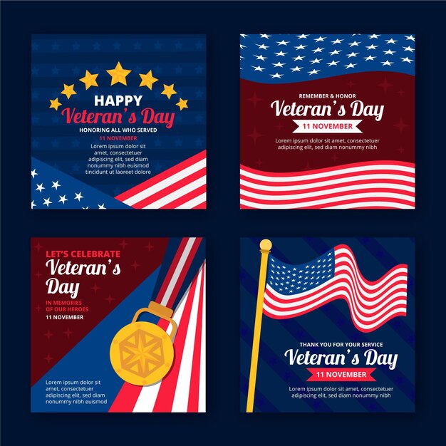 Collezione di post di instagram per il giorno del veterano piatto disegnata a mano