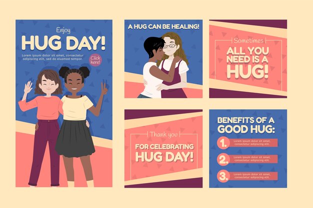 Collezione di post di instagram per il giorno dell'abbraccio piatto disegnato a mano