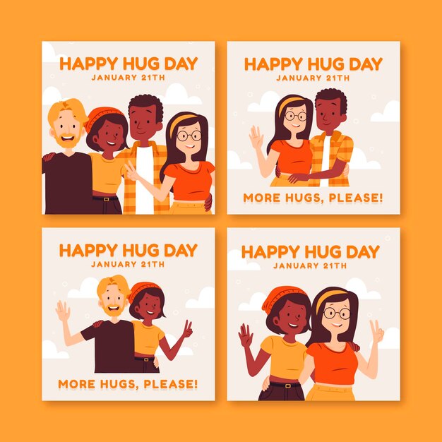 Collezione di post di instagram per il giorno dell'abbraccio piatto disegnato a mano