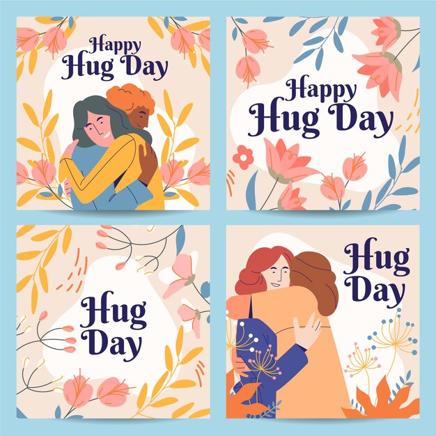 Collezione di post di instagram per il giorno dell'abbraccio piatto disegnato a mano