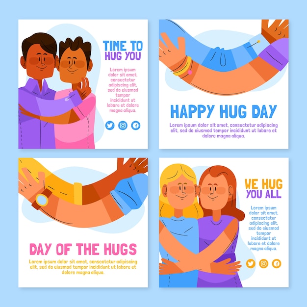 Collezione di post di instagram per il giorno dell'abbraccio piatto disegnato a mano