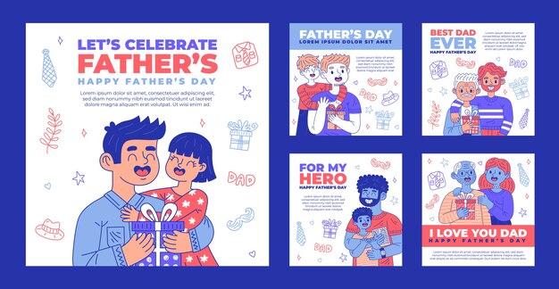 Collezione di post di instagram per la festa del papà disegnati a mano