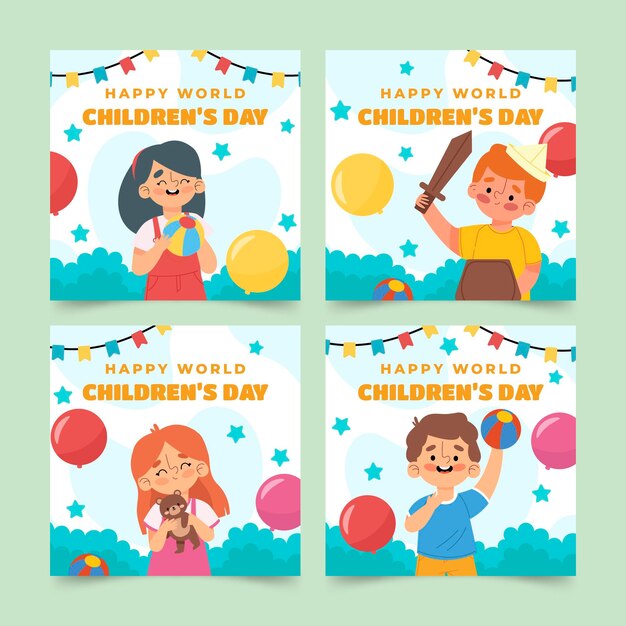 Collezione di post di instagram per la giornata mondiale dei bambini disegnati a mano