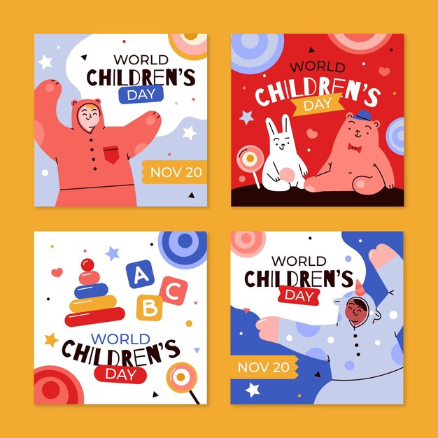 Collezione di post di instagram per la giornata mondiale dei bambini disegnati a mano