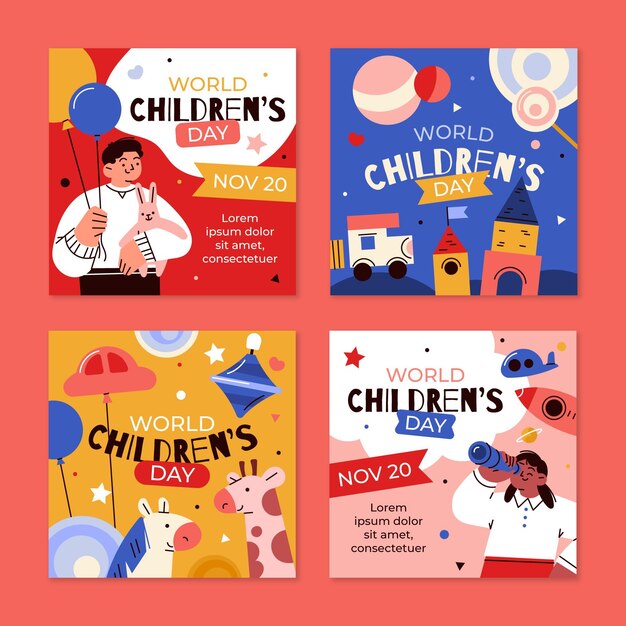 Collezione di post di instagram per la giornata mondiale dei bambini disegnati a mano