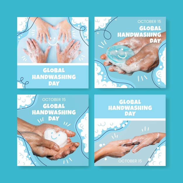 Collezione di post di instagram per la giornata mondiale del lavaggio delle mani disegnata a mano con foto