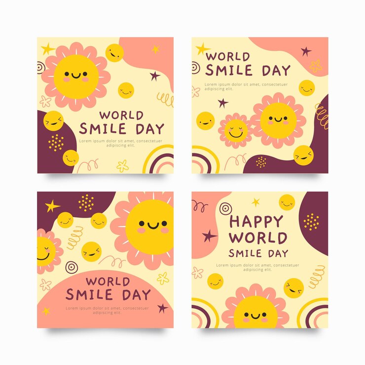 Vettore gratuito collezione di post di instagram per la giornata mondiale del sorriso piatto disegnata a mano