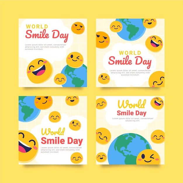 Collezione di post di instagram per la giornata mondiale del sorriso piatto disegnata a mano