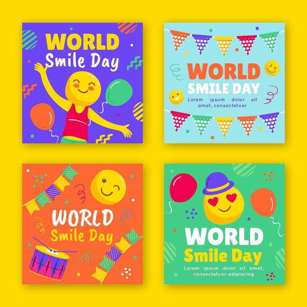 Collezione di post di instagram per la giornata mondiale del sorriso piatto disegnata a mano