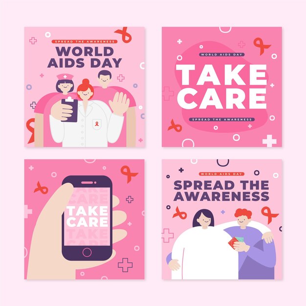 Collezione di post di instagram per la giornata mondiale dell'AIDS piatta disegnata a mano