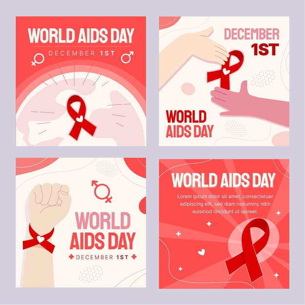 Collezione di post di instagram per la giornata mondiale dell'AIDS piatta disegnata a mano