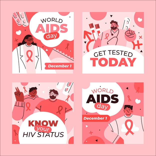 Collezione di post di instagram per la giornata mondiale dell'AIDS piatta disegnata a mano