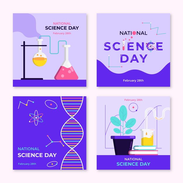 Collezione di post di instagram per la giornata nazionale della scienza piatta
