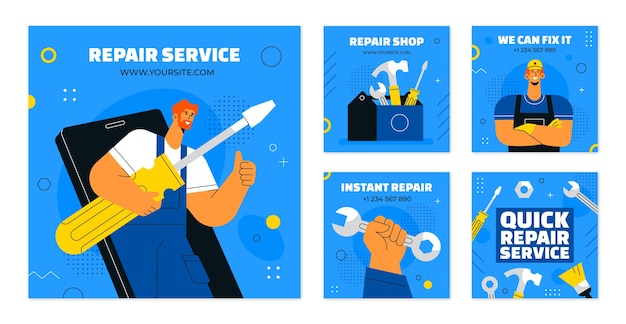 Collezione di post di instagram per officine di riparazione piatte