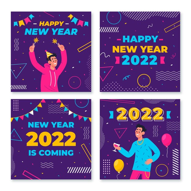 Collezione di post di instagram piatto di capodanno disegnato a mano