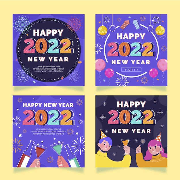 Collezione di post di instagram piatto di capodanno disegnato a mano