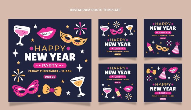 Collezione di post di instagram piatto di capodanno disegnato a mano
