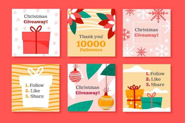 Collezione di post di instagram regalo di natale piatto disegnato a mano