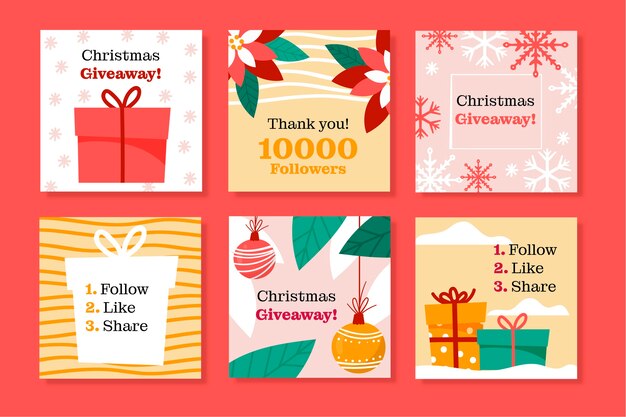 Collezione di post di instagram regalo di natale piatto disegnato a mano
