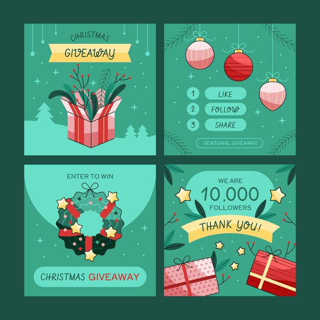 Collezione di post di instagram regalo di natale piatto disegnato a mano
