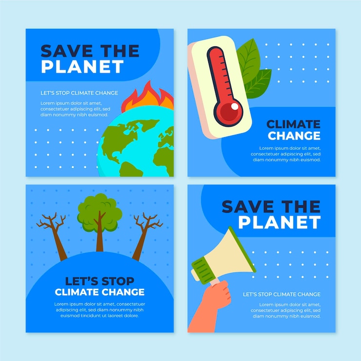 Vettore gratuito collezione di post di instagram sui cambiamenti climatici piatti disegnati a mano
