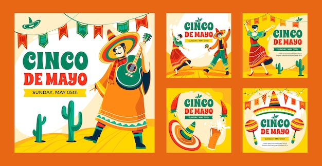 Collezione di post flat su Instagram per cinco de mayo