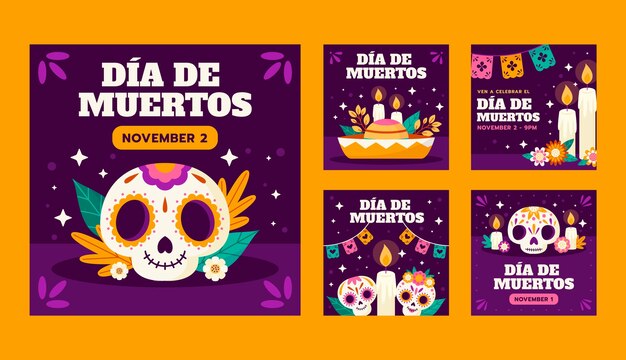 Collezione di post flat su Instagram per la celebrazione del dia de muertos
