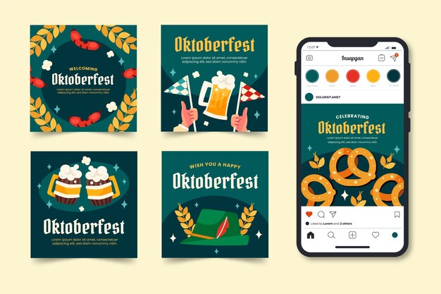Collezione di post flat su Instagram per la celebrazione del festival della birra Oktoberfest