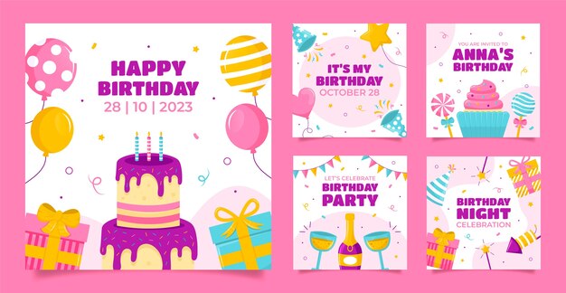 Collezione di post flat su Instagram per la celebrazione della festa di compleanno