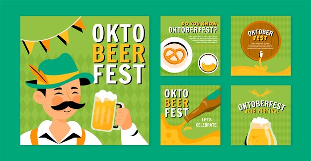 Collezione di post ig piatto disegnato a mano dell'Oktoberfest