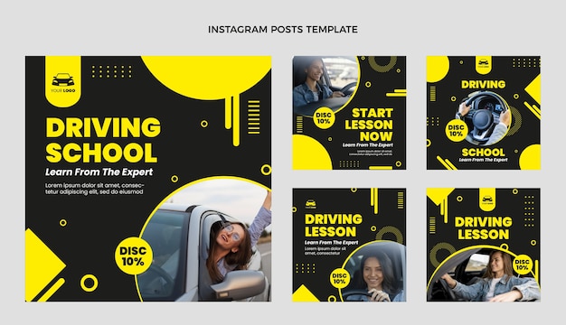 Collezione di post instagam per scuola guida piatta