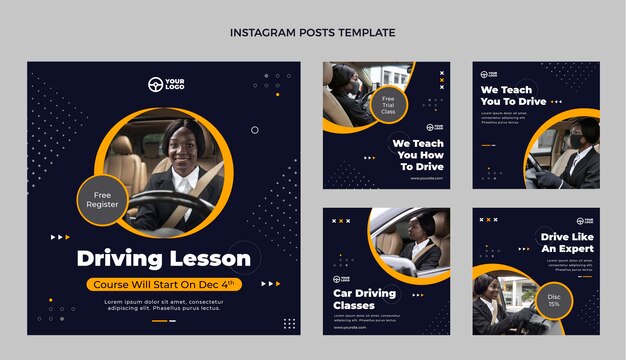 Collezione di post instagam per scuola guida piatta