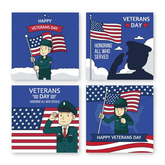 Collezione di post instagram del giorno dei veterani disegnati a mano