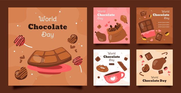 Collezione di post instagram della giornata mondiale del cioccolato disegnata a mano