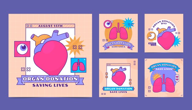Collezione di post instagram della giornata mondiale della donazione di organi disegnata a mano