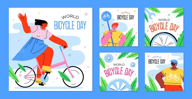 Collezione di post instagram di biciclette del mondo disegnato a mano
